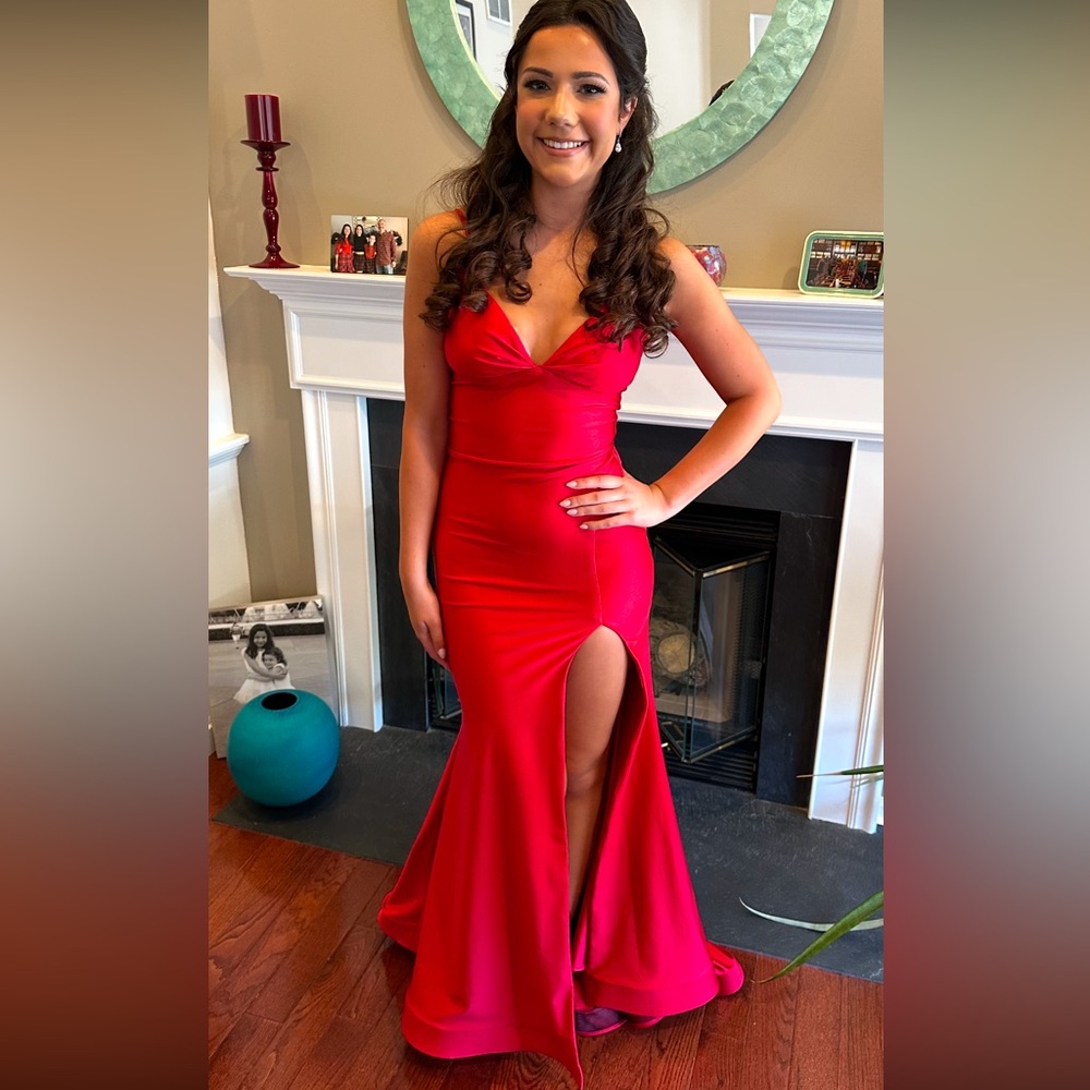 Red prom dress, worn once, in great condition, small train, size 2